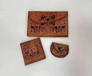 Vintage 3-Piece Leather Elephant Clutch Wallet Coin Hand Tooled India
